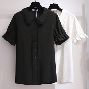 Deformation strategy 300kg plus size women's chubby girl summer Joker lantern sleeve shirt doll collar ruffled chiffon shirt