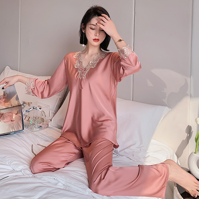 Pijamas de primavera y otoño para mujer de manga larga de encaje de seda de hielo sexy suéter suelto nuevo estilo de seda servicio a domicilio verano 21821