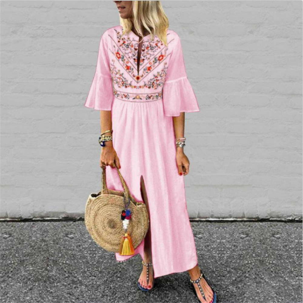 Bohemian A Line Dress Loose Fit Half Sleeve Floral Print Color Block Casual Wear for Summer Wholesale Available