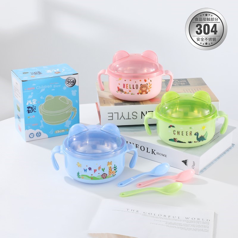 304 stainless steel binaural cartoon children's bowl double-layer heat insulation anti-scalding with lid baby food supplement Bowl set gift