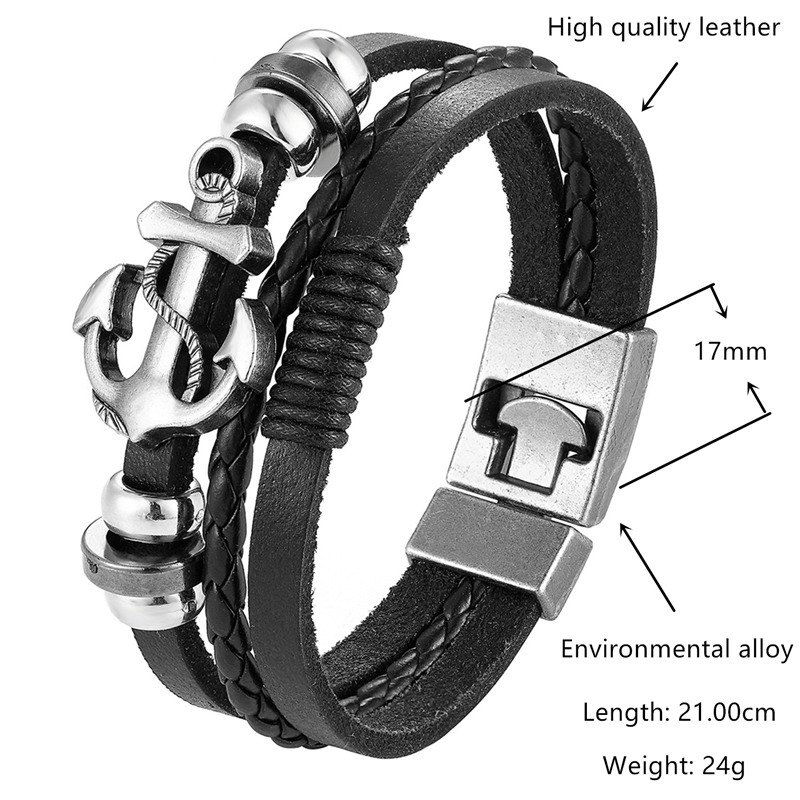 Pulseira de couro com cordão e âncora multicamadas, estilo simples e criativo, para casais, em estilos europeu e americano._voghion.com