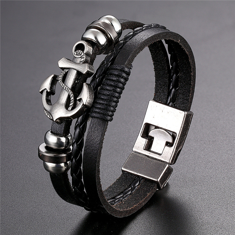 Pulseira de couro com cordão e âncora multicamadas, estilo simples e criativo, para casais, em estilos europeu e americano._voghion.com