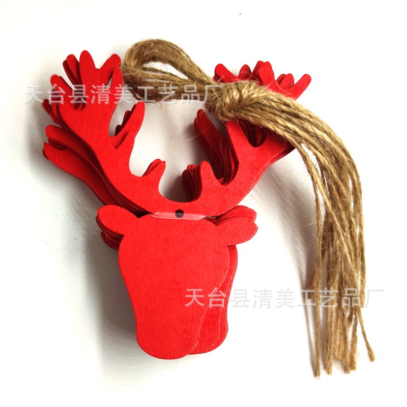Cabeza de ciervo rojo serie de Navidad colgante de dibujos animados de Navidad de madera de bricolaje 10 piezas en un paquete con 10 cuerdas de cáñamo