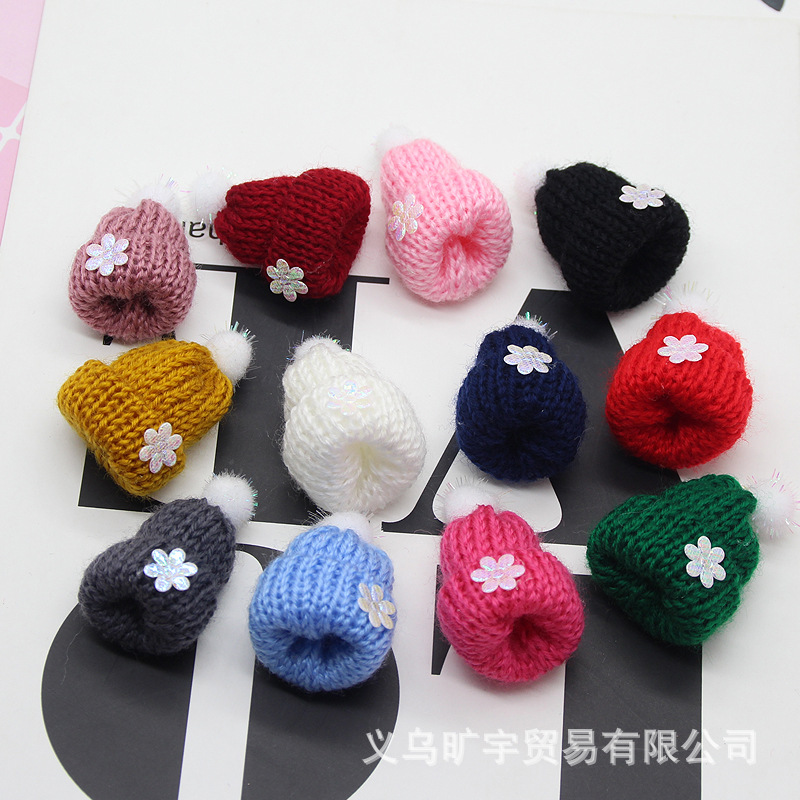 韩版卡通儿童粘球粘花圣诞帽 DIY彩色毛线帽子胸针发夹手机壳配件