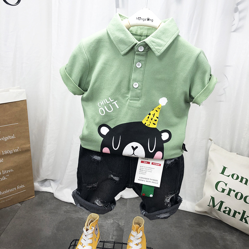 2023夏季童装韩版男童套装夏款Polo衫儿童小熊撞色翻领短袖两件套