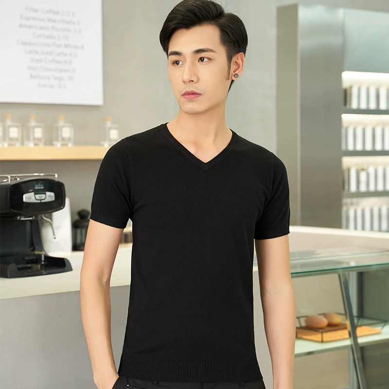 Футболка, мужской свитер с V-образным вырезом и короткими рукавами для подростков, однотонная Приталенная футболка в Корейском стиле, повседневный тонкий мужской свитер с рукавами до локтя