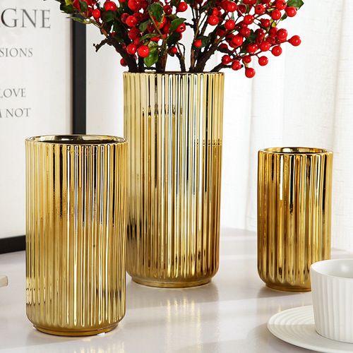 Nordic golden light luxury ceramic plated vase large decorative piece for Instagram style creative floral arrangement, living room coffee table decoration