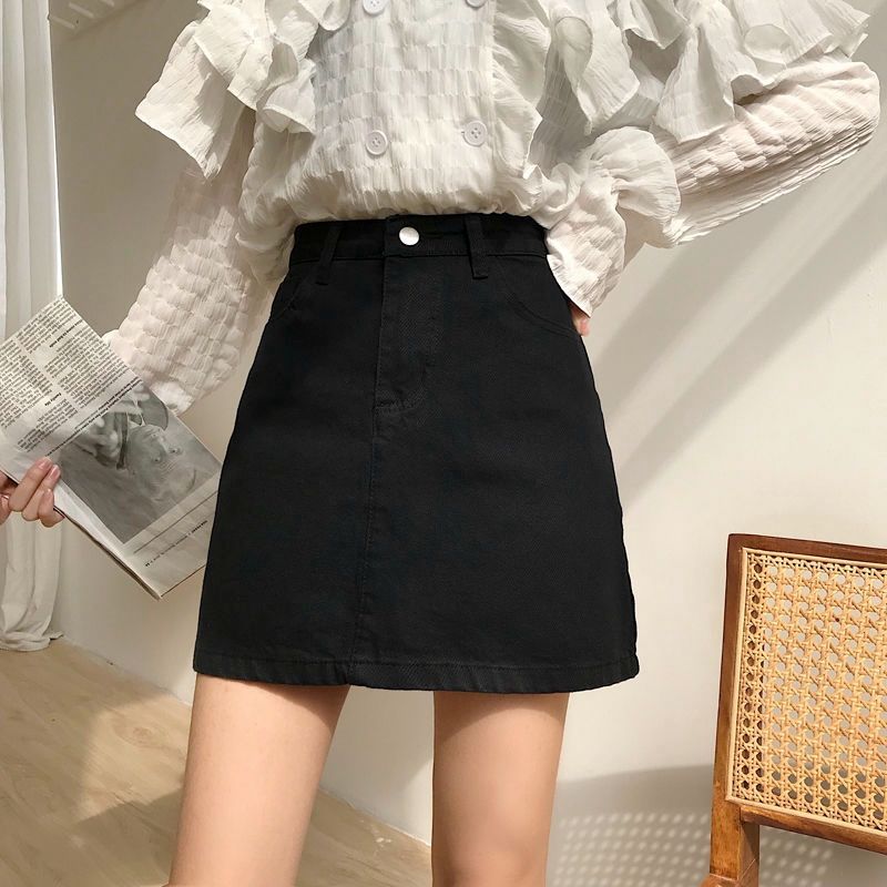 ins Black Denim Skirt Women's 2020 New Spring and Summer Korean-style All-match High Waist A- line Hip Denim Skirt Women