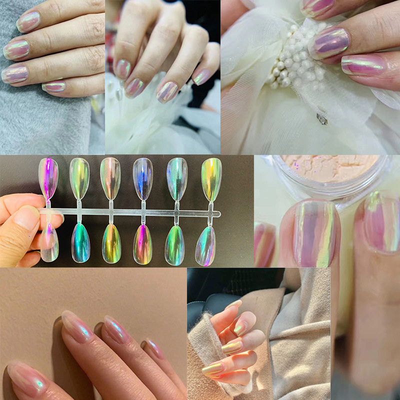 Internet celebridad nuevo arte de uñas Aurora Rosa hielo transparente desnudo espejo camaleón mágico espejo Rosa Hada Rosa uñas brillo