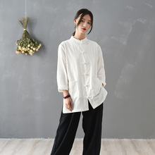 2025春夏新品国风中式复古棉麻盘扣上衣衬衫女式太极服禅服