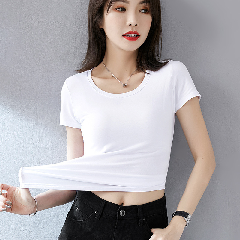 Summer Short Pure White T-Shirt Women's Short-Sleeved Slim Round Neck Spring New Pure Cotton Top T-Shirt Bottoming Shirt Trbottomy