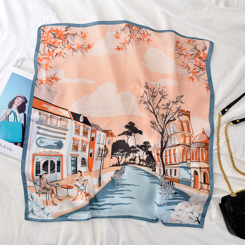 2020 nuevo estilo europeo y americano pequeña bufanda cuadrada 70 seda artificial ciudad cebra pequeña bufanda estilo occidental banda decorativa para el cabello