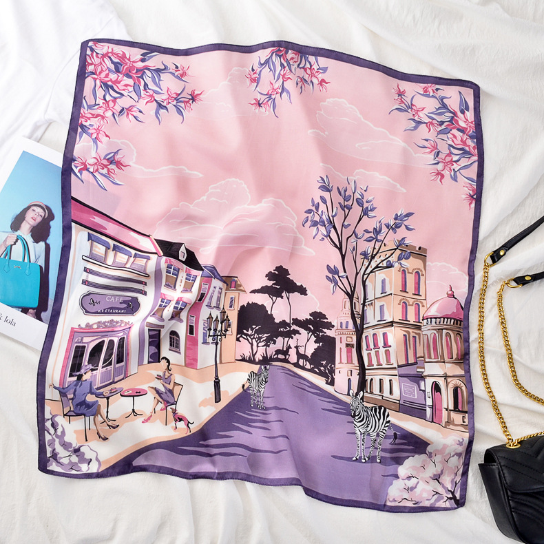 2020 nuevo estilo europeo y americano pequeña bufanda cuadrada 70 seda artificial ciudad cebra pequeña bufanda estilo occidental banda decorativa para el cabello