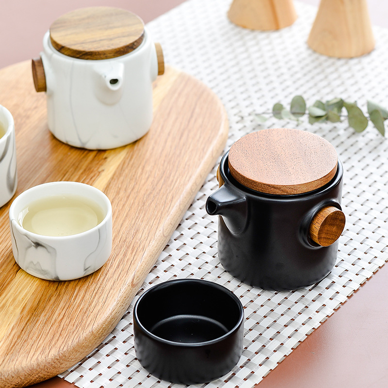 Juego de Té de Viaje Portátil 1 Tetera 2 Tazas de Cerámica y Madera para Exteriores