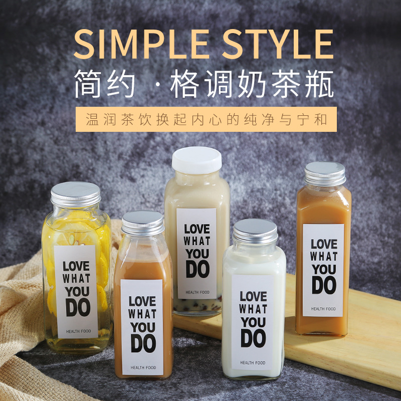 Fábrica al por mayor nueva cubierta de aluminio cuadrada para llevar botella de bebida octogonal leche té café botella sellada botella de vidrio de jugo