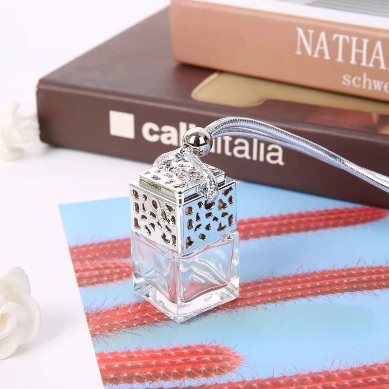 Perfume, pendant, silver square bottle for auto, accessory, gold and silver