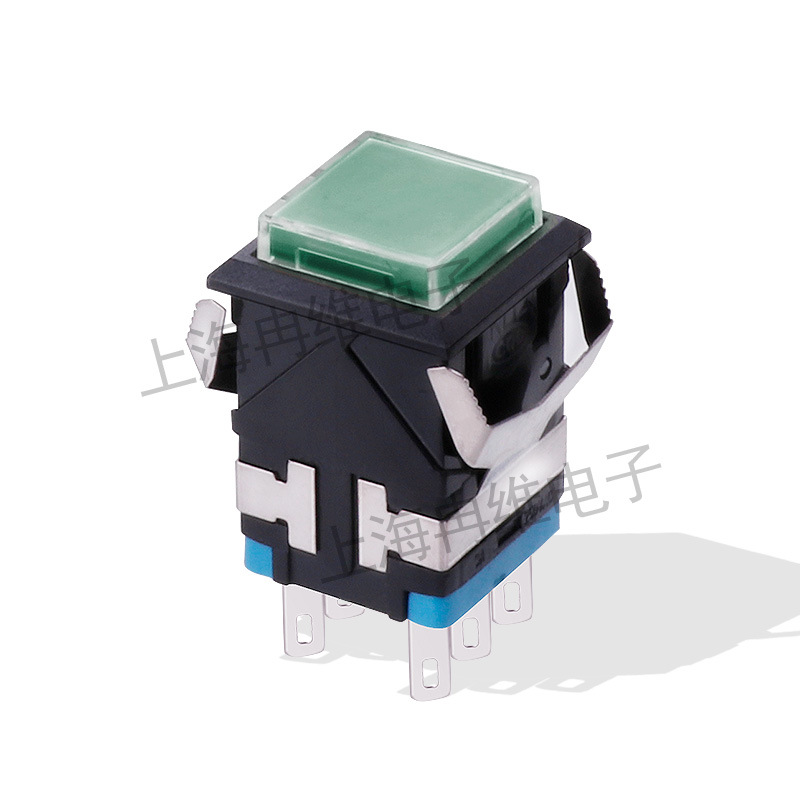 上开 上海永星方形按钮开关KD2-23 6脚 绿色 自锁无灯17*17