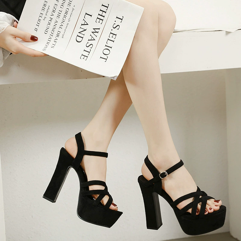 2023 летние новые европейские и американские модные сандалии на высоком каблуке с внешней торговлей 40 размеров полые римские женские туфли на массивном каблуке