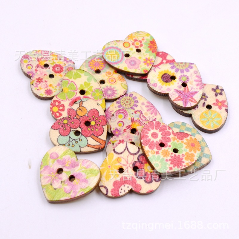25mm madera contrachapada impresión melocotón corazón DIY impresión decorativa madera amor botón