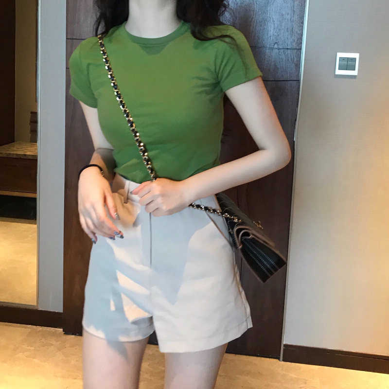 Camiseta verde aguacate de manga corta para mujer, estilo coreano, ajustada, color liso, novedad de verano 2026, top verde matcha, venta al por mayor image 3