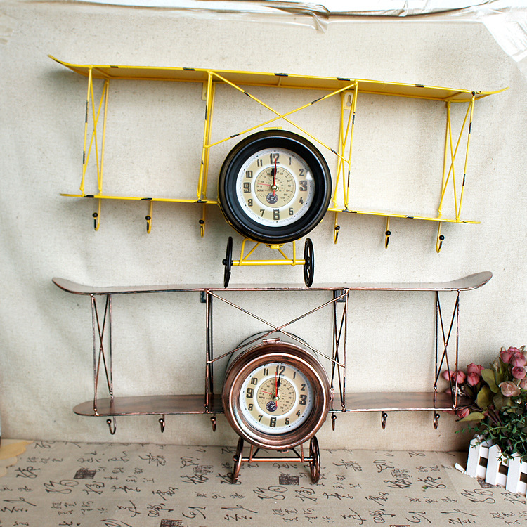 美式复古飞机模型置物架壁饰壁挂螺旋桨钟表创意铁艺墙壁装饰收纳
