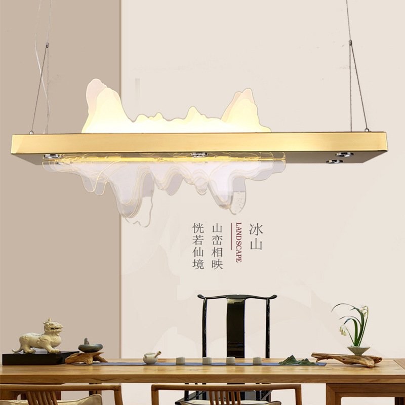Rectangular new Chinese style chandelier dining room lamp Iceberg Island style landscape lamp designer tea room dining room Zen chandelier