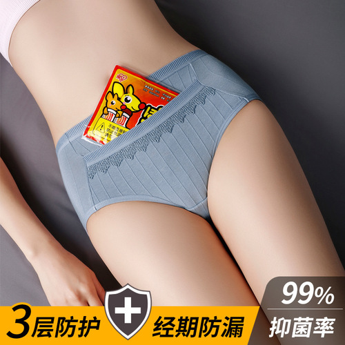 Pure cotton underwear women's mid-waist warm menstrual period leak-proof menstrual pants palace girl pocket arm lift large size women's briefs