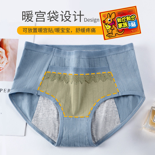 Pure cotton underwear women's mid-waist warm menstrual period leak-proof menstrual pants palace girl pocket arm lift large size women's briefs