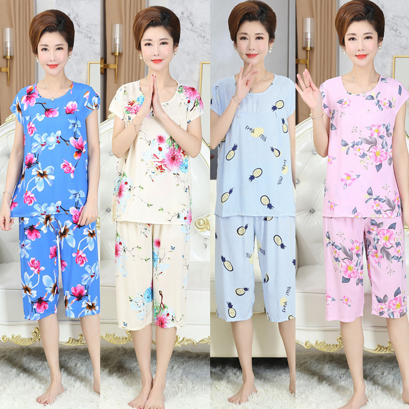 Spring Summer Autumn Women's Cotton Silk Short-sleeved Pajamas Thin Cotton Silk Cropped Pants Suit Adult Plus Size Home Clothes Women