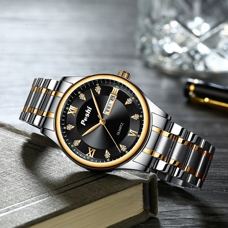 Transmisión en vivo transfronteriza nuevo reloj de cuarzo para hombre, luminoso a prueba de agua, doble calendario, esfera grande, reloj de acero inoxidable para hombre