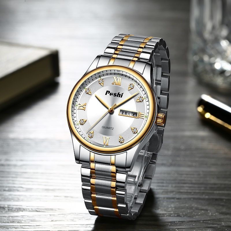 Transmisión en vivo transfronteriza nuevo reloj de cuarzo para hombre, luminoso a prueba de agua, doble calendario, esfera grande, reloj de acero inoxidable para hombre