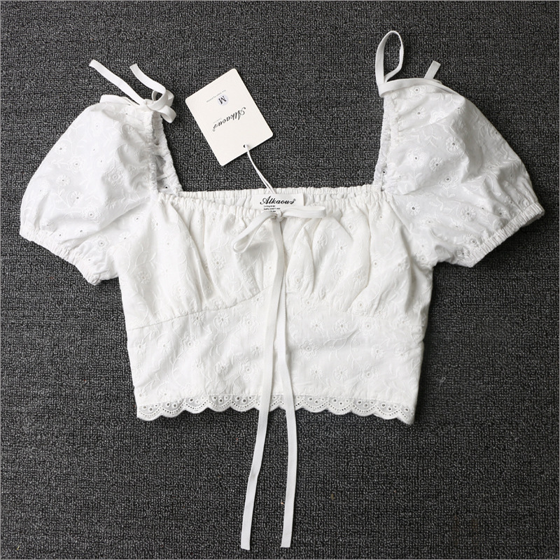 Spring and Summer New Star's Same Style White Lace Embroidered Tube Top One-Shoulder Lantern Sleeves High-Waisted Slim Short Top