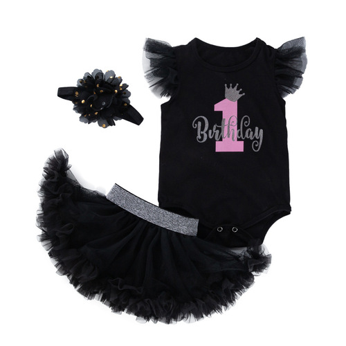 Newborn Baby Girl Birthday Outfit Sleeveless Bodysuit Bottoms Dress Set Infants and Toddlers First Birthday Gift Set Three-Piece Set Wholesale