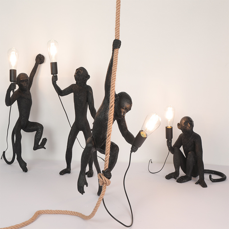 Cross-border Nordic monkey lamp clothing store lamp vintage industrial animal resin Italian hemp rope chandelier