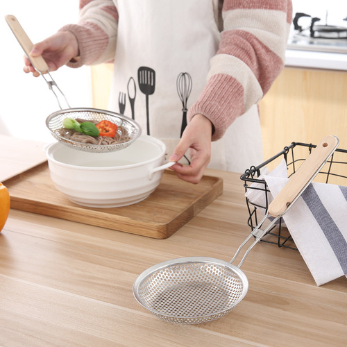 Household stainless steel colander, small hole frying spoon, wooden handle, filter drain, multi-specification, hanging oil grid