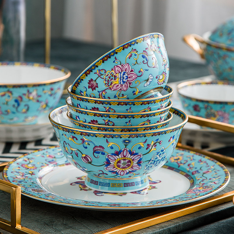 Jingdezhen High Temperature Enamel Chinese Style Tableware suit Dishes Household Luxury Bone China Tableware Ceramic High-grade Dishes