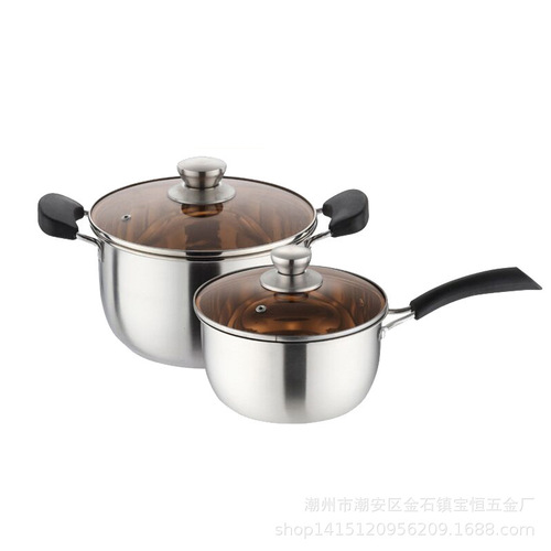 Directly supplied from the manufacturer, stainless steel auxiliary Internet celebrity food pot, thickened double bottom household double-ear soup pot, single-handled milk pot gift
