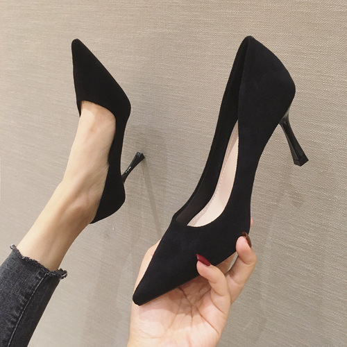 20308 Korean style sexy high heels for women, stiletto heel, pointed toe, fashionable women's shoes, shallow black work shoes for women