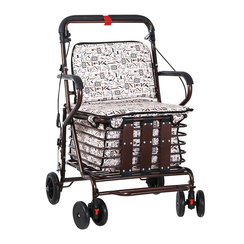 Fábrica al por mayor scooter ancianos puede sentarse y empujar asiento de compras de cuatro ruedas plegable ayuda para caminar ancianos mano empujar carrito de compras