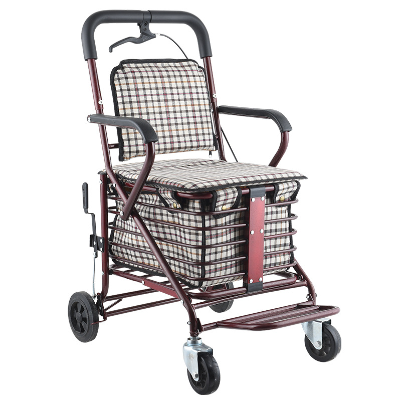 Fábrica al por mayor scooter ancianos puede sentarse y empujar asiento de compras de cuatro ruedas plegable ayuda para caminar ancianos mano empujar carrito de compras