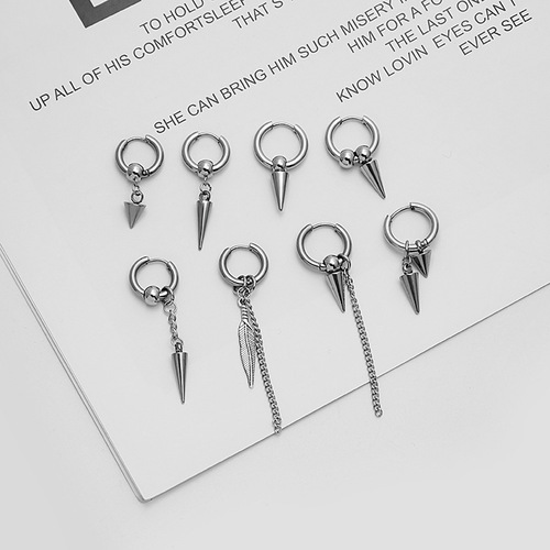 Korean Best-Selling Rock Rivet Cone Earrings, Stainless Steel Punk Feather Chain Tassel Stud Earrings