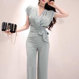 V领系带两件套跨境新款2024夏装韩版气质上衣时尚女裤职业套装女