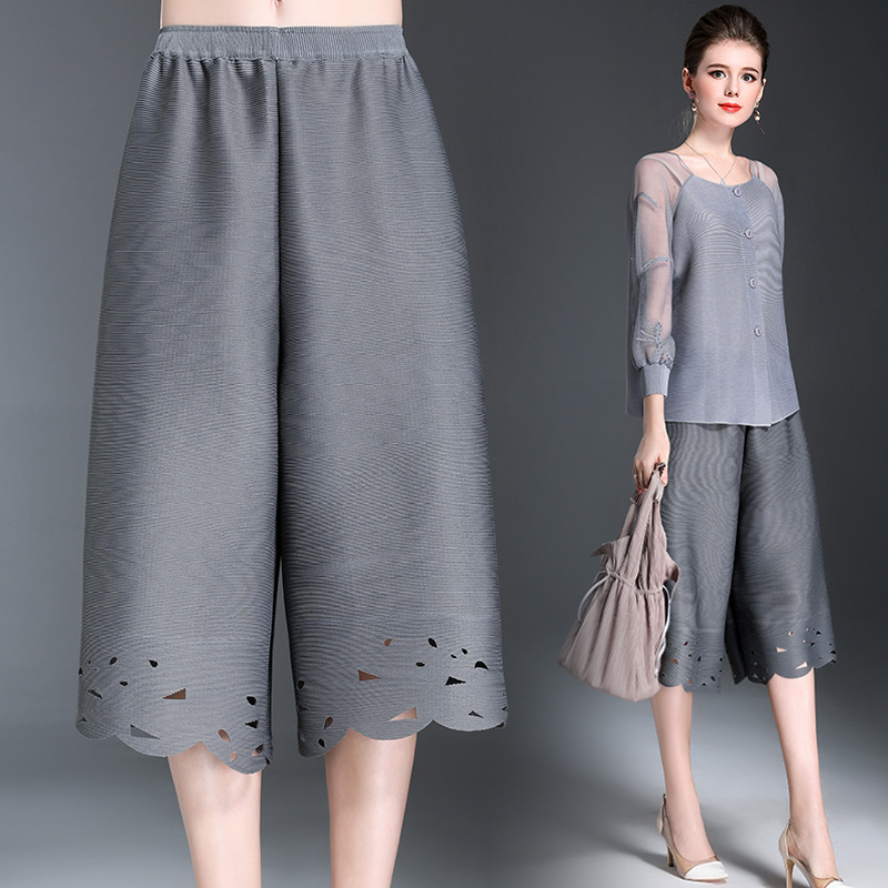 烧花镂空褶皱阔腿裤夏季洋气休闲七分女裤wish三宅沙滩裤深圳南油