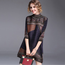 三宅女装半高领宽松复古连衣裙春夏中式碎花a字裙小个子褶皱洋装