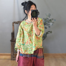 相忆/原创亚麻女装春夏新款苎麻数码印花上衣 文艺清新盘扣短衬衫