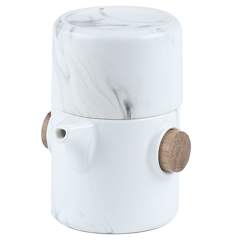 Juego de Té de Viaje Portátil 1 Tetera 2 Tazas de Cerámica y Madera para Exteriores