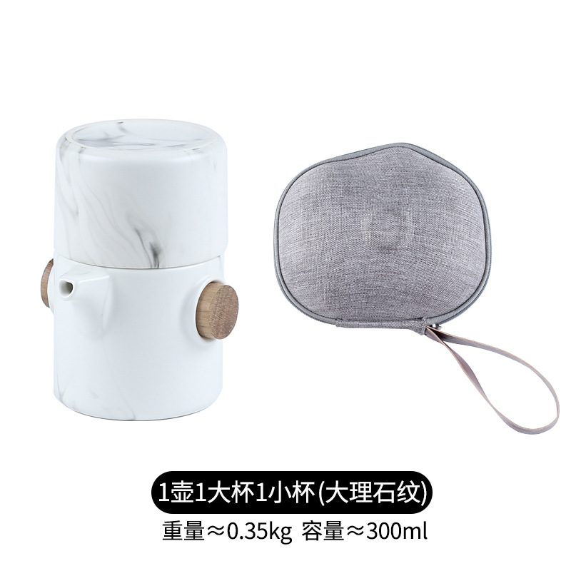 Juego de Té de Viaje Portátil 1 Tetera 2 Tazas de Cerámica y Madera para Exteriores