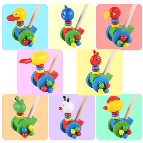 Children's wooden educational baby toddler pull trolley toy boy girl cartoon animal double pole push push