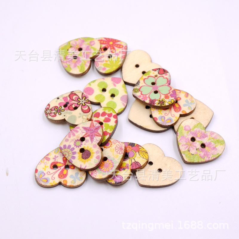 25mm madera contrachapada impresión melocotón corazón DIY impresión decorativa madera amor botón