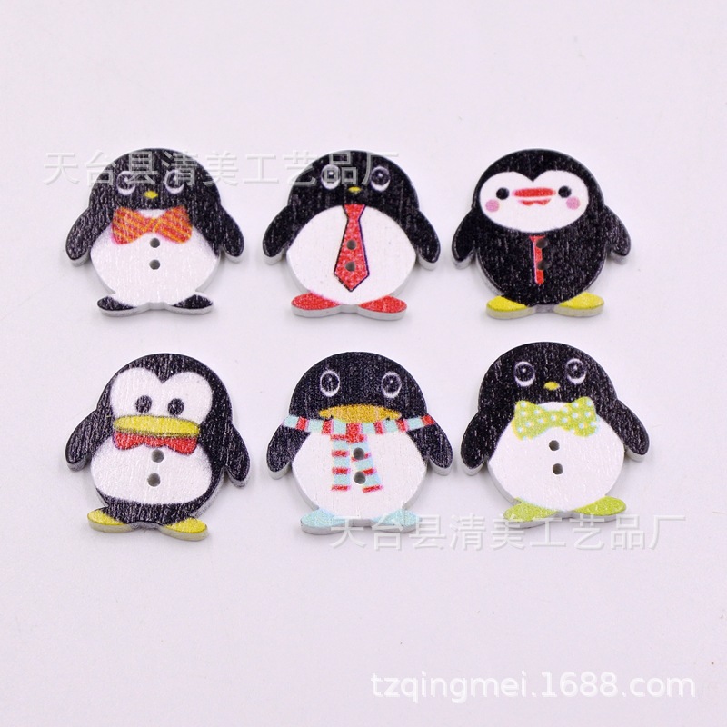 Fondo blanco pintado Impresión de madera pingüino color lindo animal pingüino forma botón